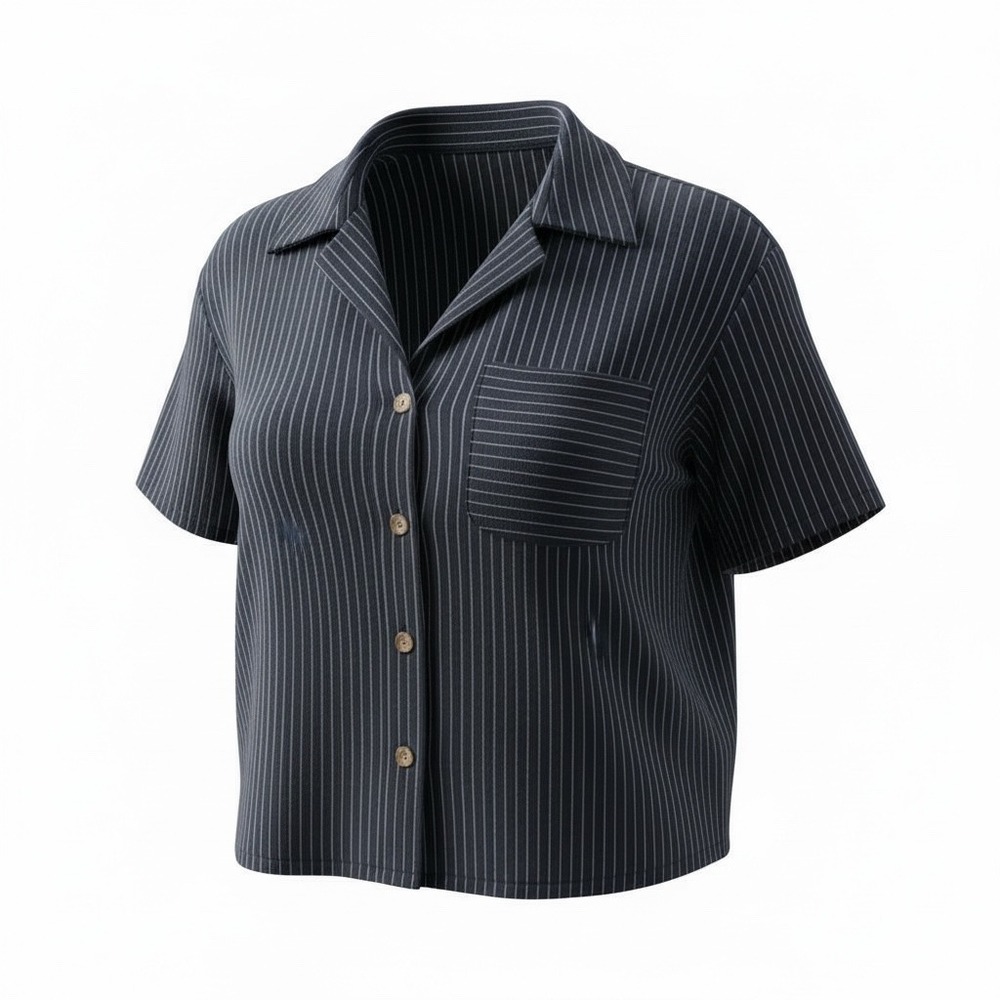 Love Notes Womens Boxy Cropped Striped Button Down Short Sleeve Top Navy‎ Blue L